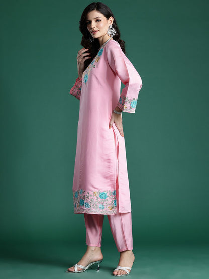Dhiyona IE Floral Embroidered Thread Work Kurta With Trousers & Dupatta