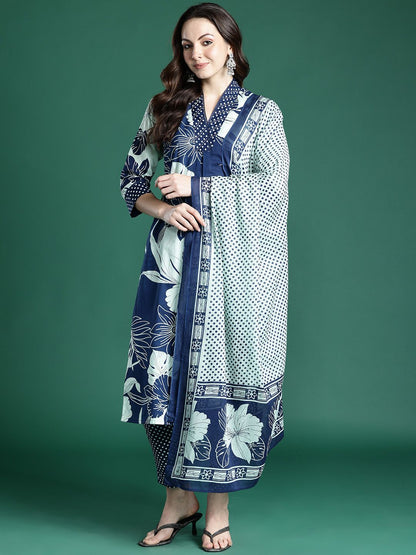 Floral Printed Regular Pure Cotton Kurta with Trousers & Dupatta