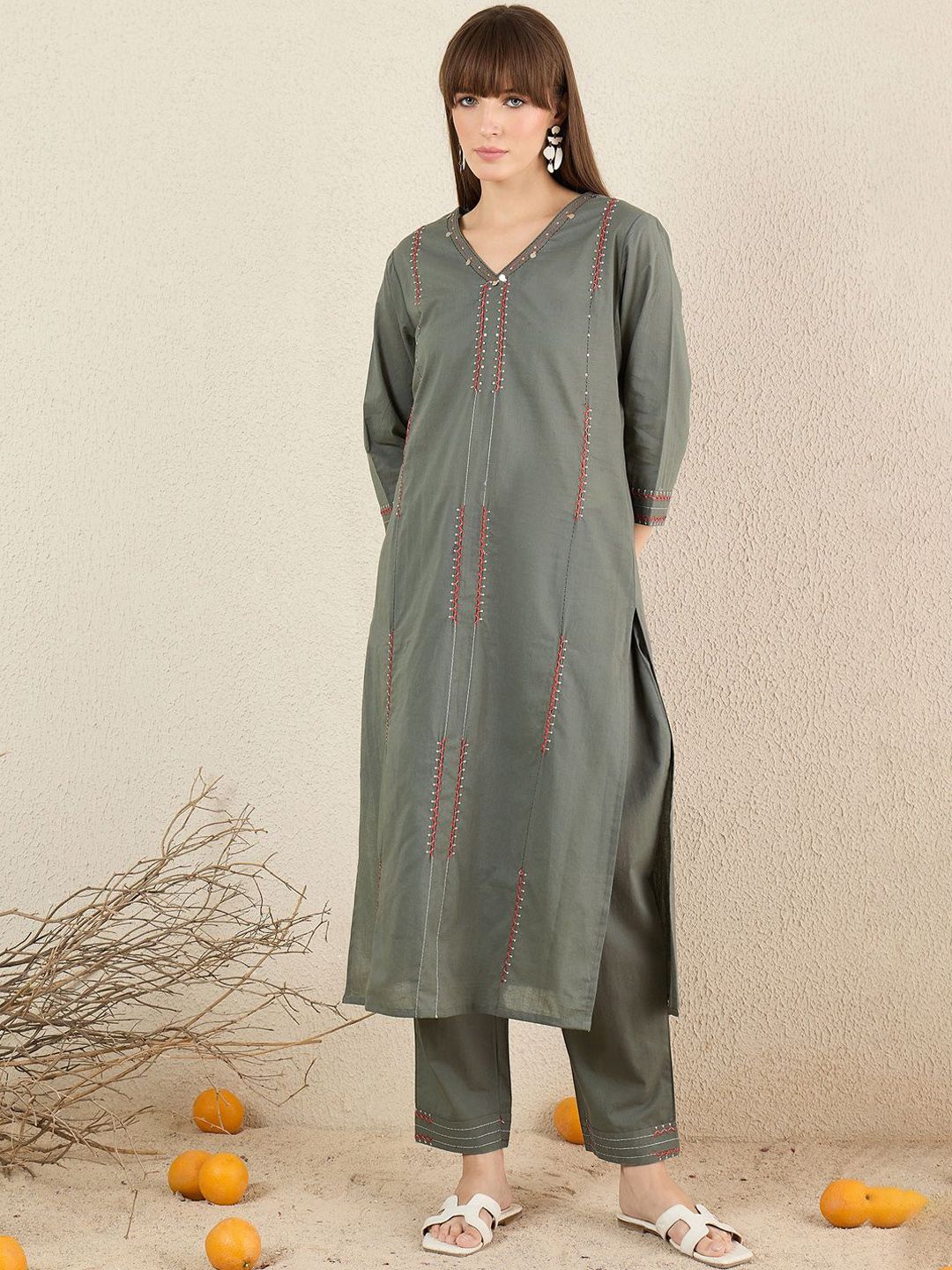 Women Solid Embroidered Cotton Kurta with Trousers & Dupatta