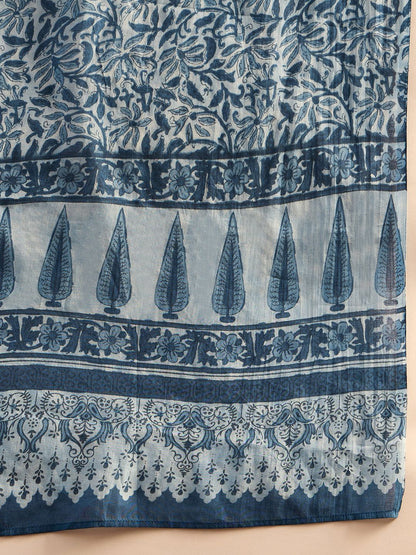 Dhiyona IE Blue Floral Printed V-Neck Pure Cotton Straight Kurta with Palazzo & Dupatta