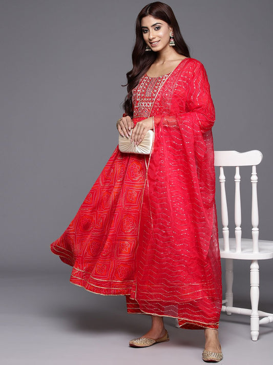 Dhiyona LB Women's Bandhani Printed Pleated Mirror Work Kurta with Trousers & Dupatta