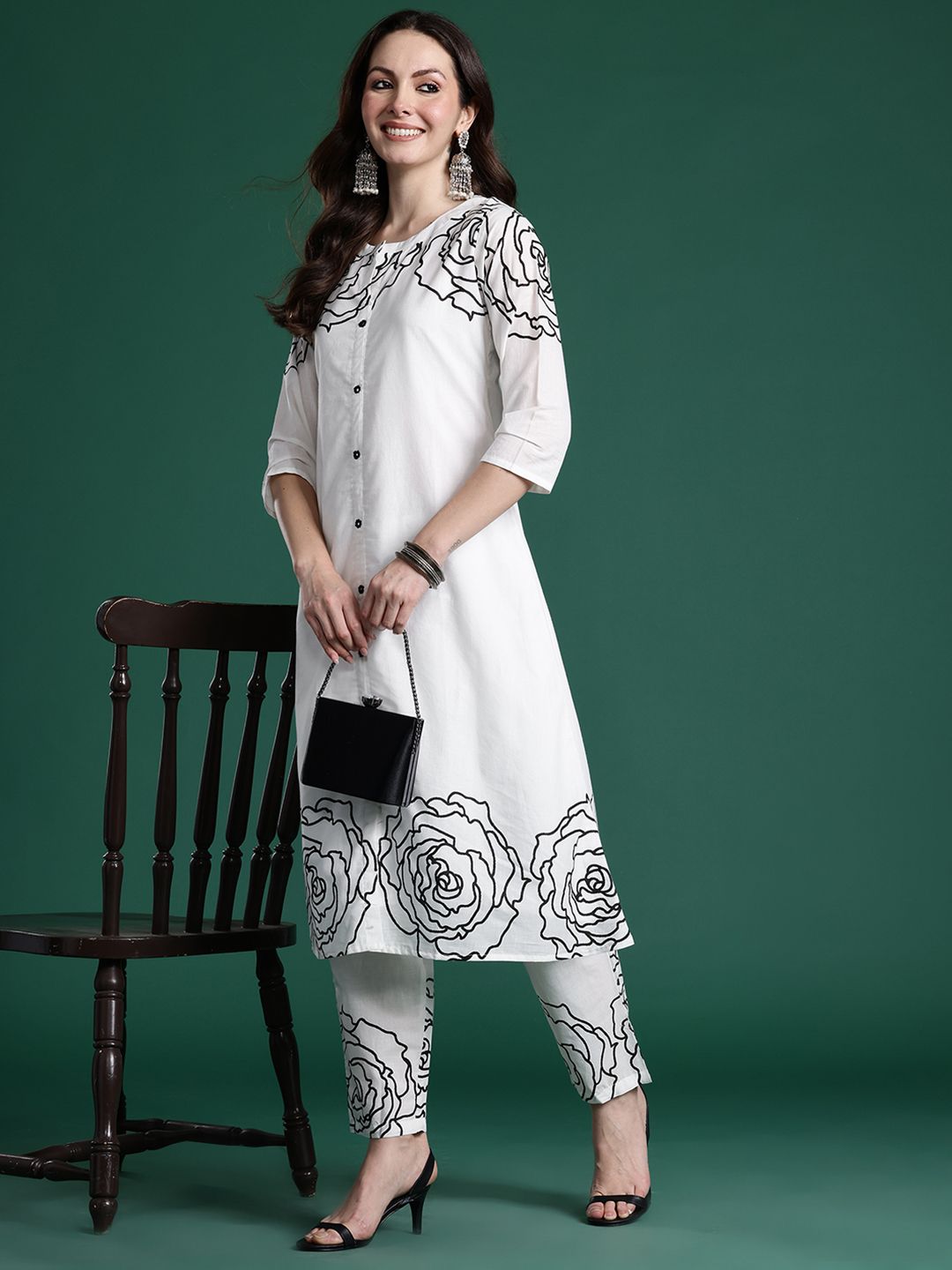 Floral Printed Mirror Work Pure Cotton Kurta with Trousers