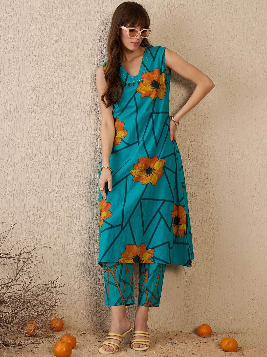 Dhiyona IE Women Floral Printed Regular Pure Cotton Kurta with Trousers