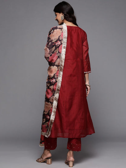 Dhiyona VA Women's Maroon Ethnic Motifs Embroidered Kurta with Trousers & With Dupatta