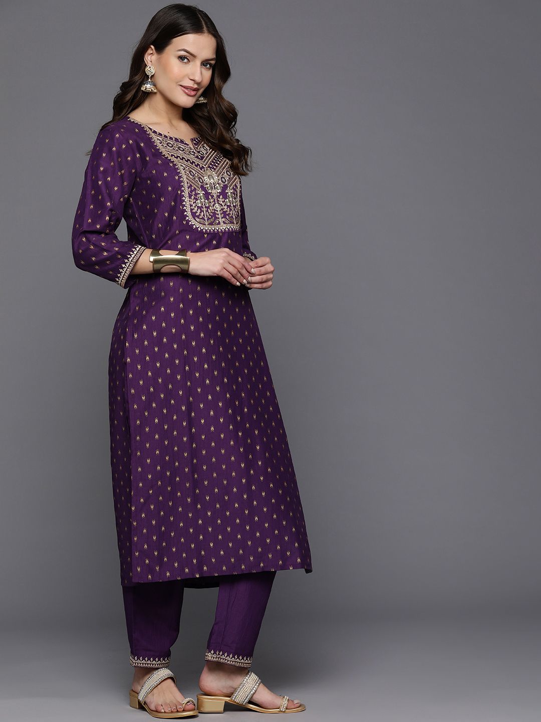 Women Floral Yoke Design Regular Sequinned Kurta with Trousers & Dupatta