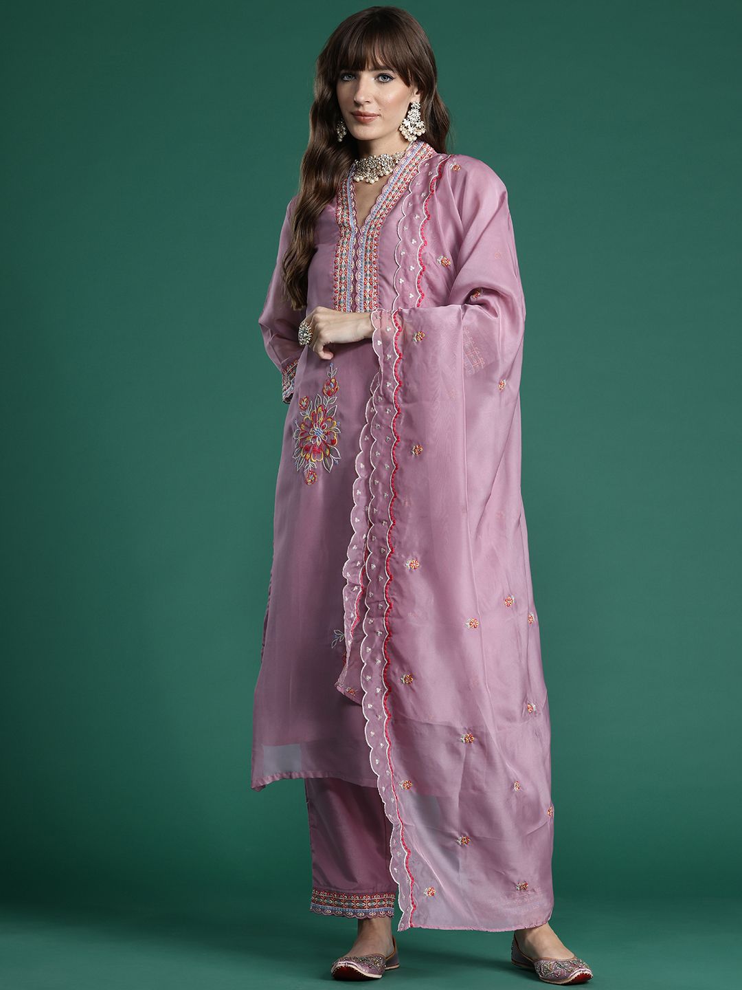 Floral Embroidered Thread Work Kurta with Trousers & With Dupatta