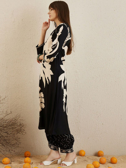 Dhiyona IE Black Floral Printed V-Neck Sequinned A-Line Kurta With Salwar
