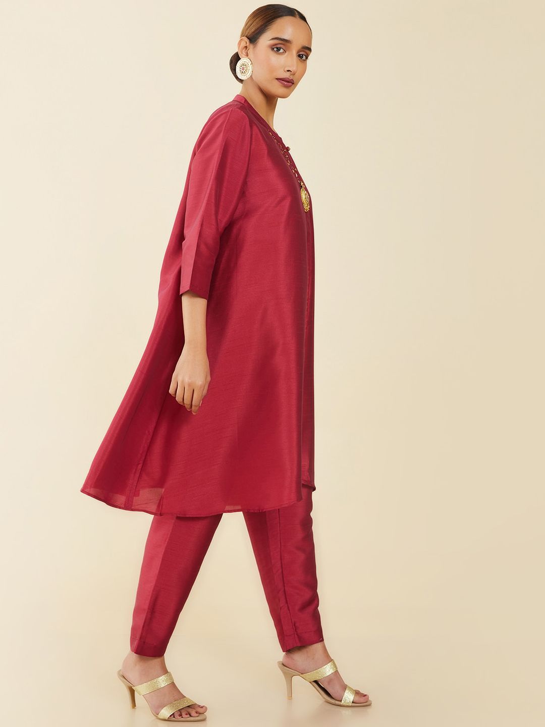 Dhiyona SO Women's Women Maroon Embellished A-Line Kurta with Trousers