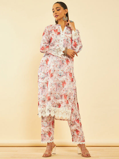 Dhiyona SO Women's Floral Printed Mandarin Collar Three-Quarter Sleeves Kurta with Trousers