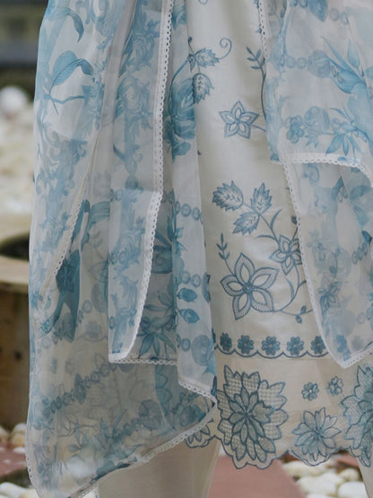 Floral Embroidered Thread Work Kurta With Trousers & Dupatta