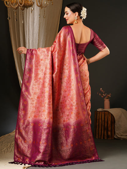 Women's Kanjeevaram Silk Pink Woven Design Celebrity Saree With Blouse Piece