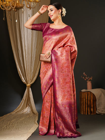 Women's Kanjeevaram Silk Pink Woven Design Celebrity Saree With Blouse Piece