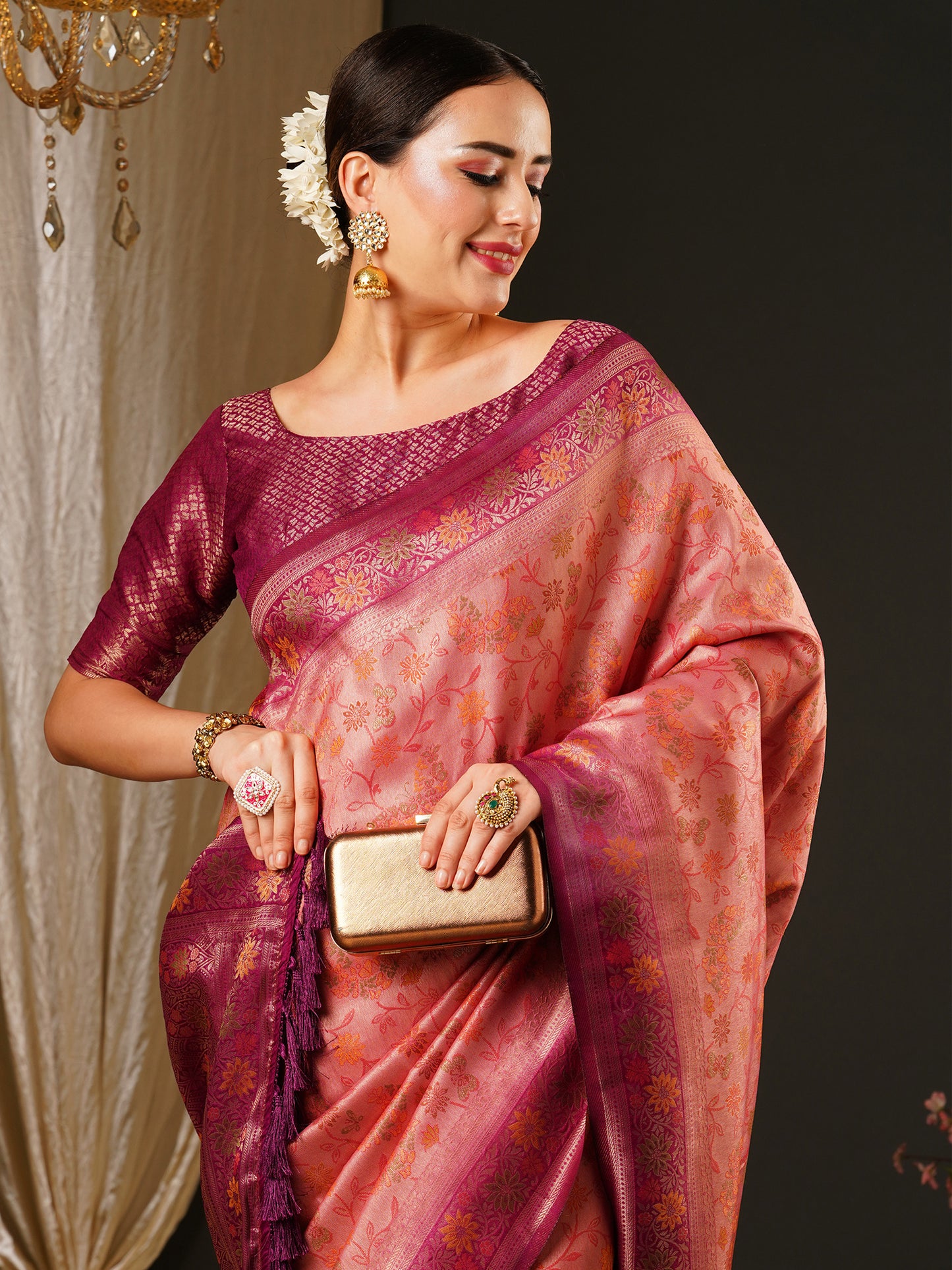 Women's Kanjeevaram Silk Pink Woven Design Celebrity Saree With Blouse Piece