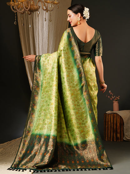 Women's Kanjeevaram Silk Light Green Woven Design Celebrity Saree With Blouse Piece