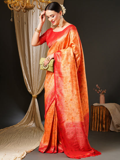 Women's Kanjeevaram Silk Peach Woven Design Celebrity Saree With Blouse Piece