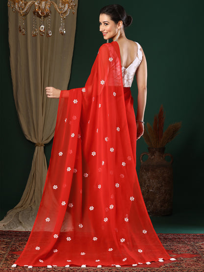 Women's Georgette Red Embroidered Designer Saree With Blouse Piece