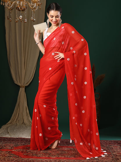 Women's Georgette Red Embroidered Designer Saree With Blouse Piece