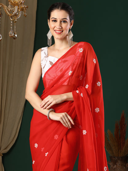 Women's Georgette Red Embroidered Designer Saree With Blouse Piece