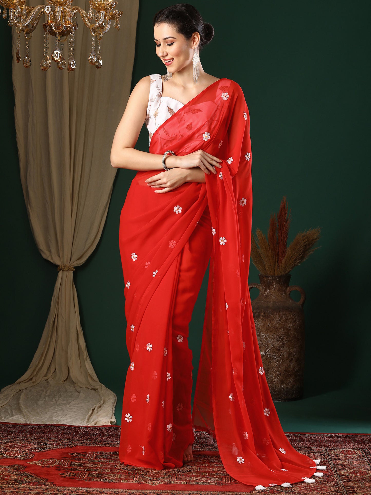 Women's Georgette Red Embroidered Designer Saree With Blouse Piece