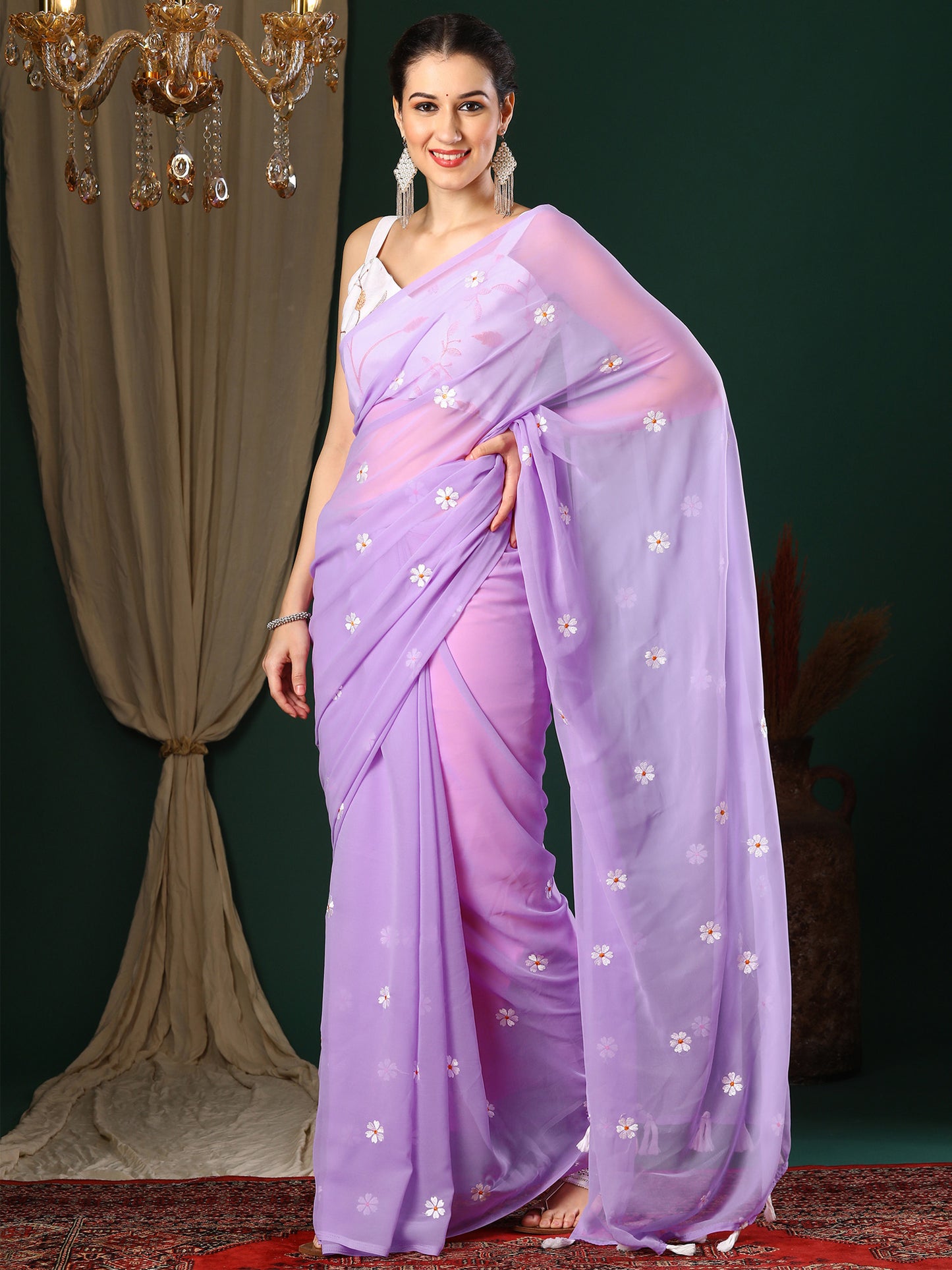 Women's Georgette Lavendar Embroidered Designer Saree With Blouse Piece