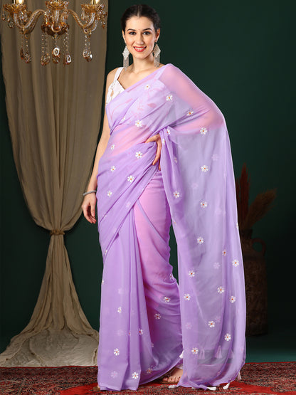 Women's Georgette Lavendar Embroidered Designer Saree With Blouse Piece