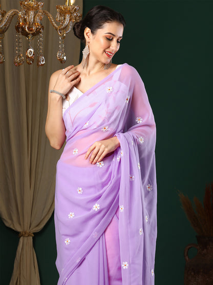 Women's Georgette Lavendar Embroidered Designer Saree With Blouse Piece