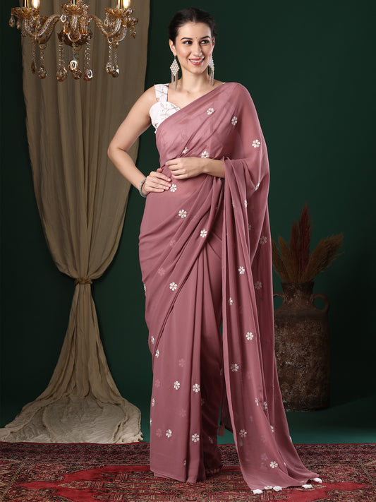 Women's Georgette Rose Gold Embroidered Designer Saree With Blouse Piece