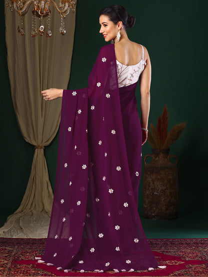 Women's Georgette Purple Embroidered Designer Saree With Blouse Piece