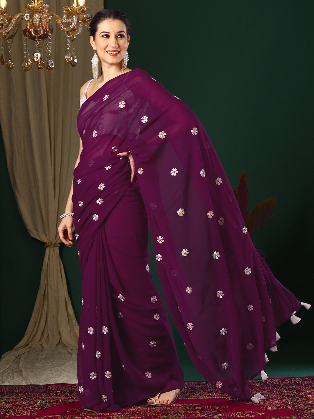 Women's Georgette Purple Embroidered Designer Saree With Blouse Piece
