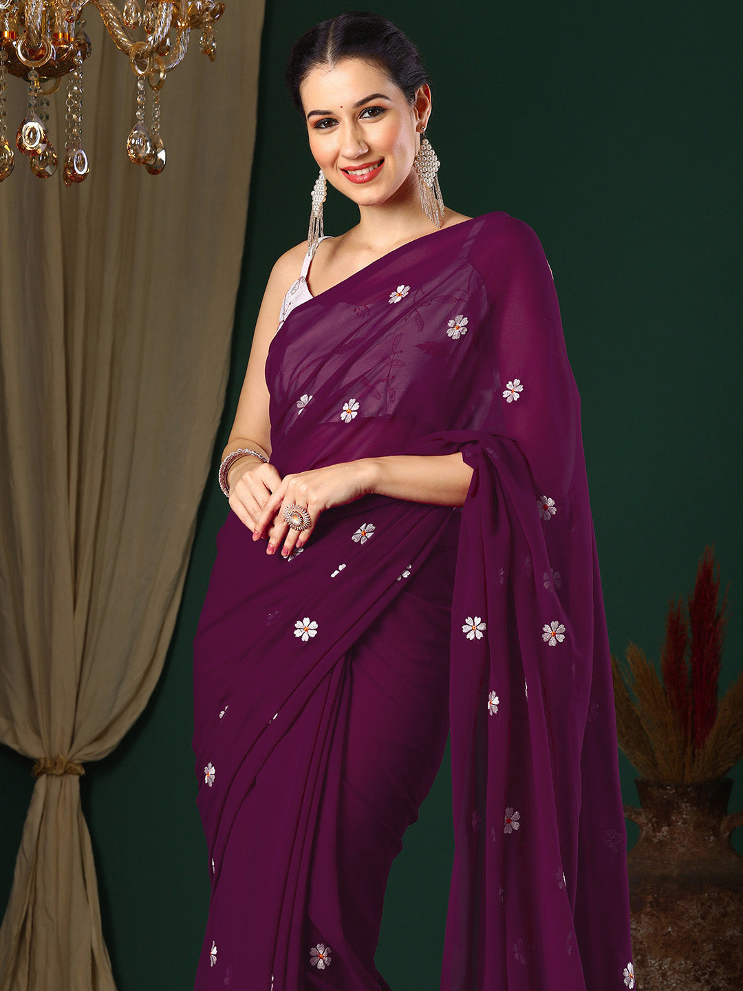 Women's Georgette Purple Embroidered Designer Saree With Blouse Piece