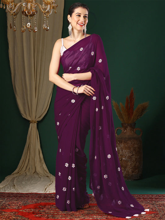 Women's Georgette Purple Embroidered Designer Saree With Blouse Piece