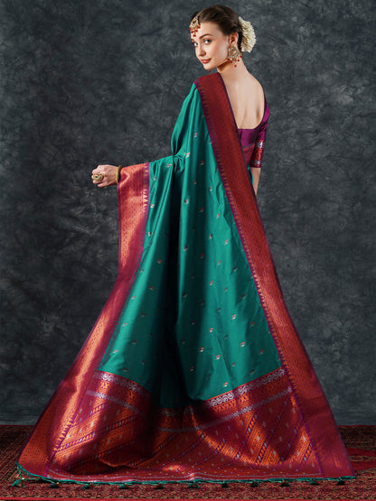 Women's Silk Blend Teal blue Woven Design Designer Saree With Blouse Piece