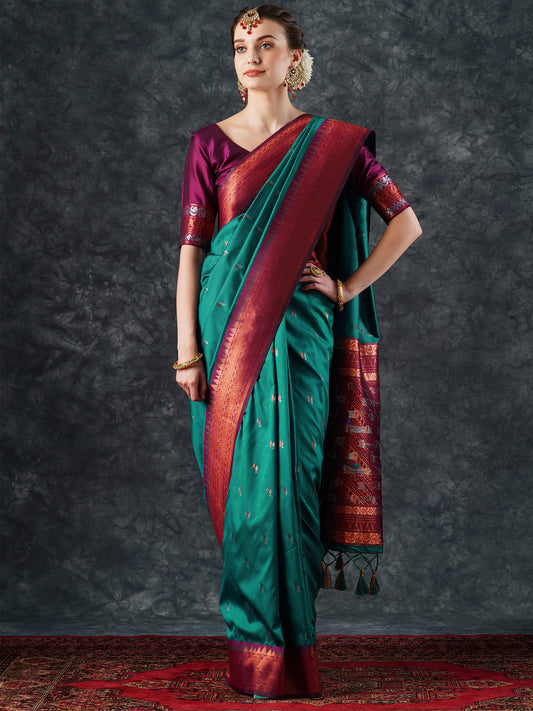 Women's Silk Blend Teal blue Woven Design Designer Saree With Blouse Piece