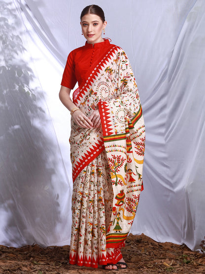 Women's Bhagalpuri Silk Cream Printed Designer Saree With Blouse Piece