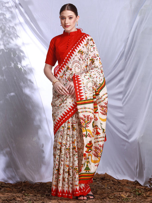 Women's Bhagalpuri Silk Cream Printed Designer Saree With Blouse Piece