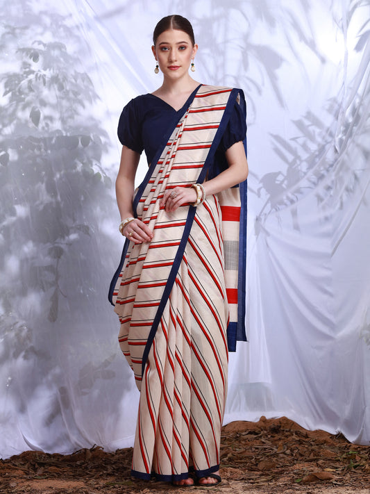 Women's Bhagalpuri Silk Cream Printed Designer Saree With Blouse Piece