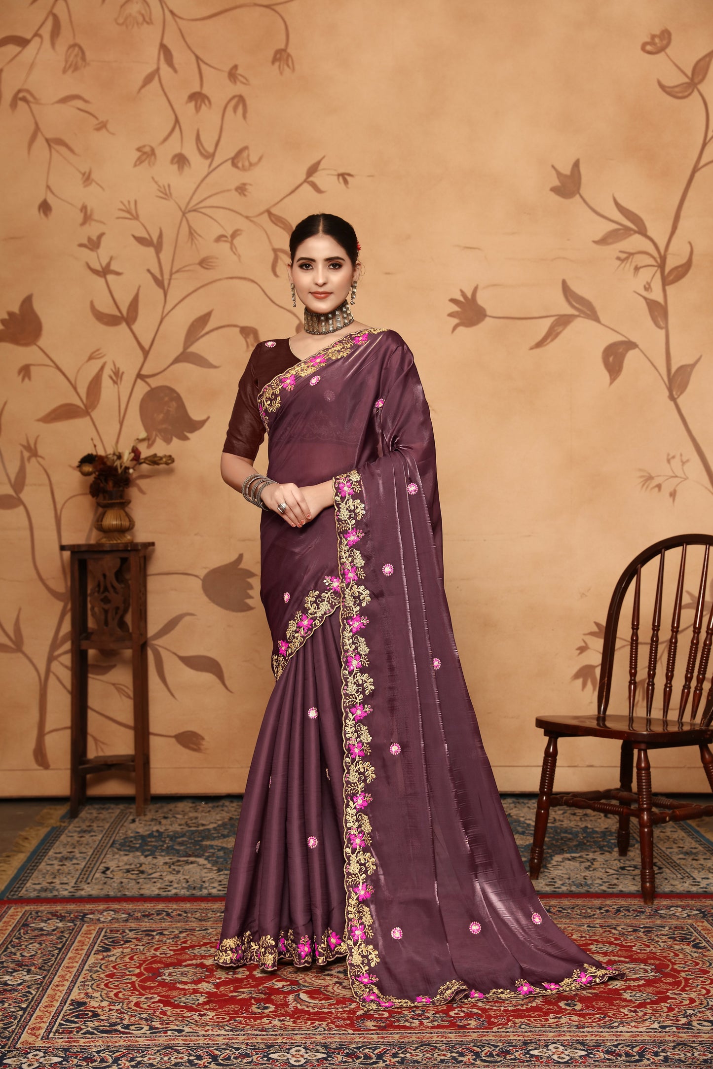 Dhiyona GR Women's Armani Chocolate Brown Jimmi Choo Embroidered Saree