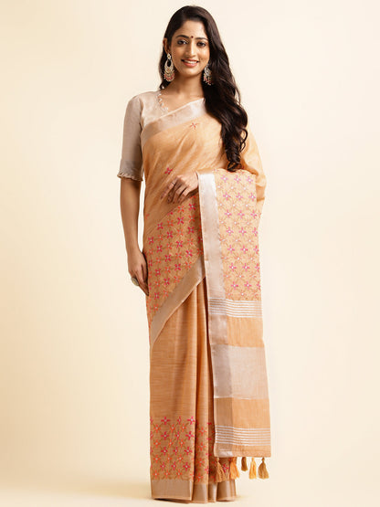 Dhiyona GR Women's CT Peach Orange Cotton Linen Silk Embroidered Saree
