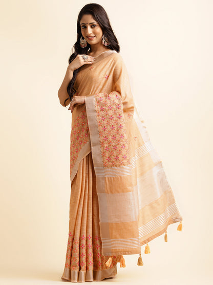 Dhiyona GR Women's CT Peach Orange Cotton Linen Silk Embroidered Saree