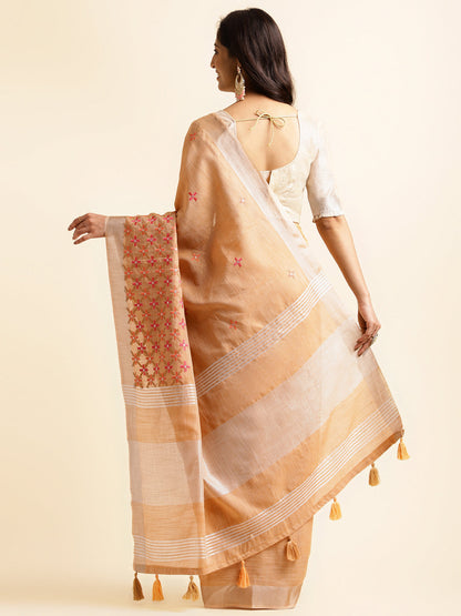 Dhiyona GR Women's CT Peach Orange Cotton Linen Silk Embroidered Saree