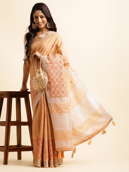 Dhiyona GR Women's CT Peach Orange Cotton Linen Silk Embroidered Saree