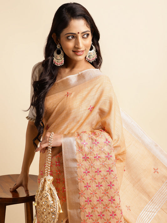 Dhiyona GR Women's CT Peach Orange Cotton Linen Silk Embroidered Saree