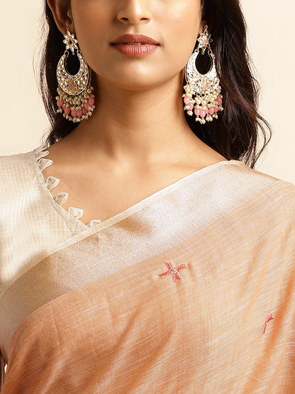 Dhiyona GR Women's CT Peach Orange Cotton Linen Silk Embroidered Saree