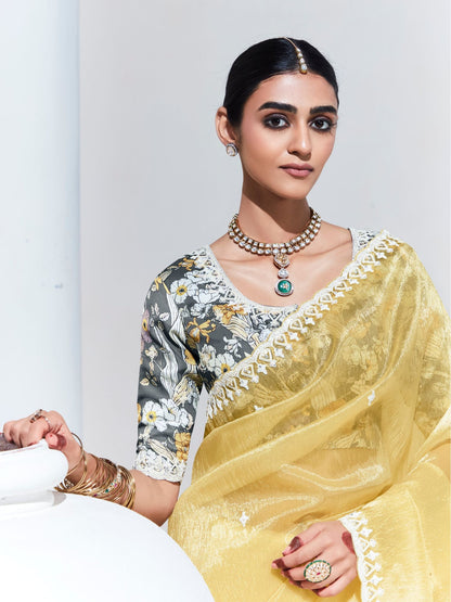 Dhiyona KM Women Graceful Yellow Saree With Floral-Print Blouse “ Radiant Elegance