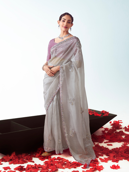 Dhiyona KM Women Grey Organza Saree Partywear Saree