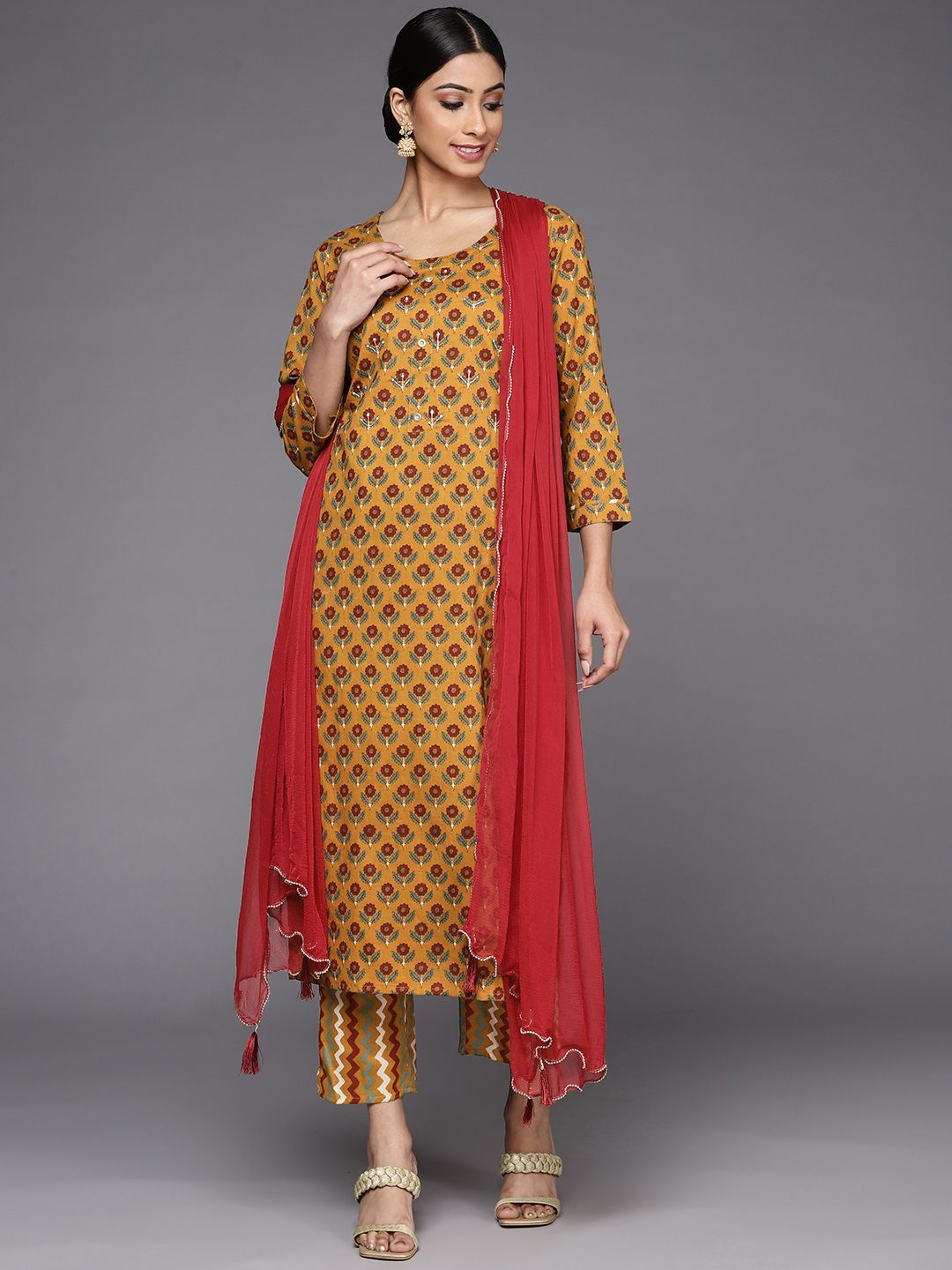 Dhiyona VA Women's Mustard Yellow Ethnic Motifs Printed Pure Cotton Kurta with Trousers & With Dupatta