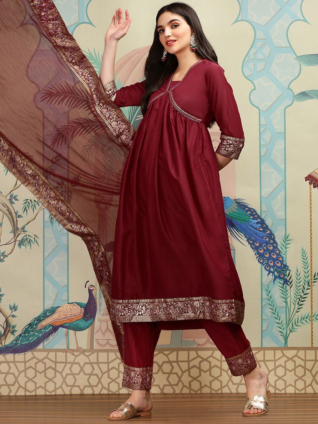 Dhiyona IS Women's Ethnic Motifs Yoke Design V-Neck Thread Work Anarkali Kurta with Trousers