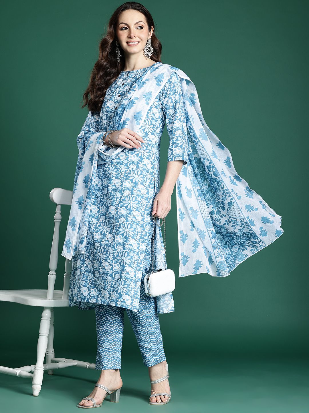 Dhiyona IE Floral Printed Pure Cotton Kurta with Trousers & Dupatta