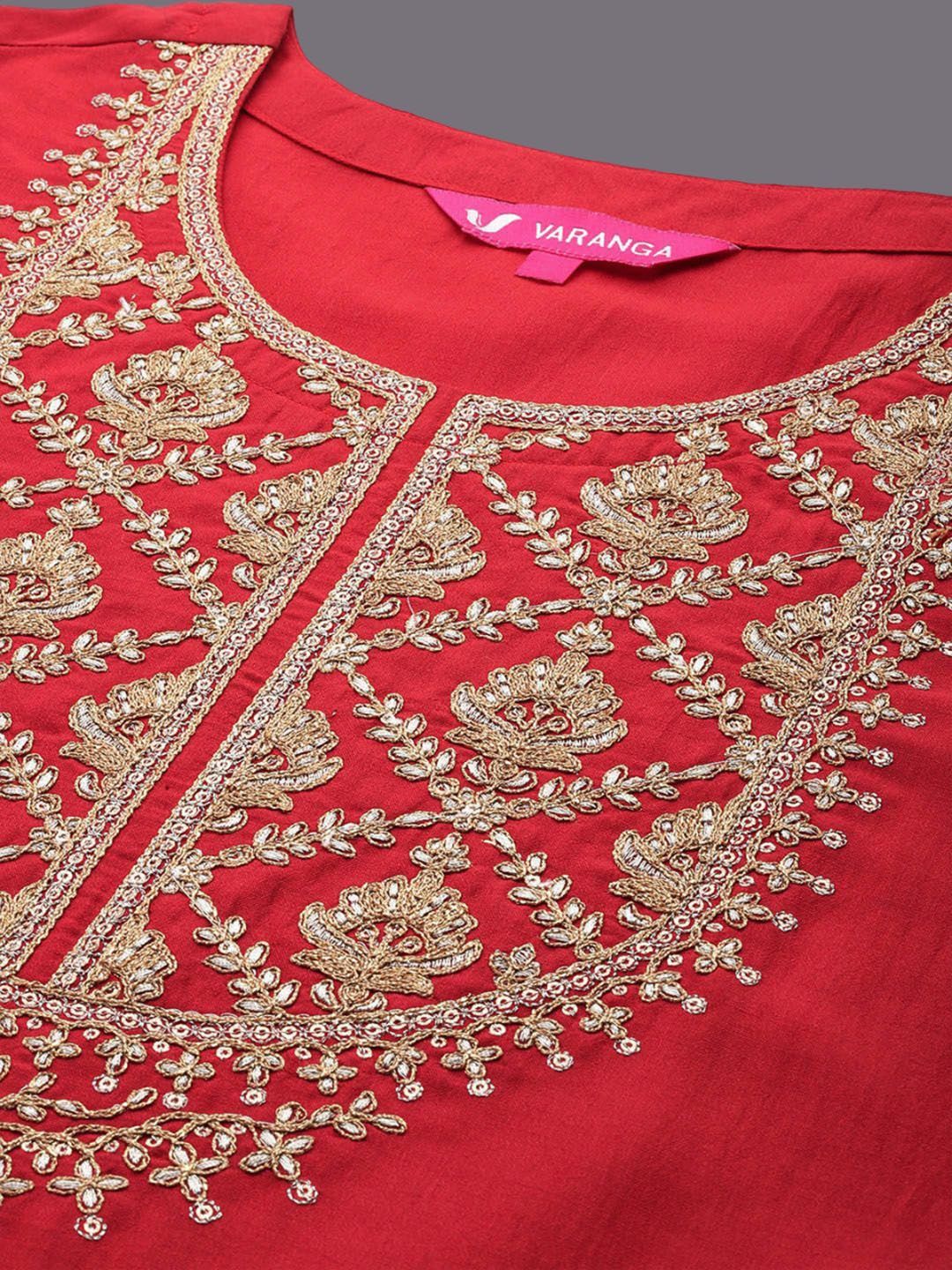Dhiyona VA Women'sEthnic Motifs Zari Embroidered Sequinned Yoke Kurta & trouser With Dupatta