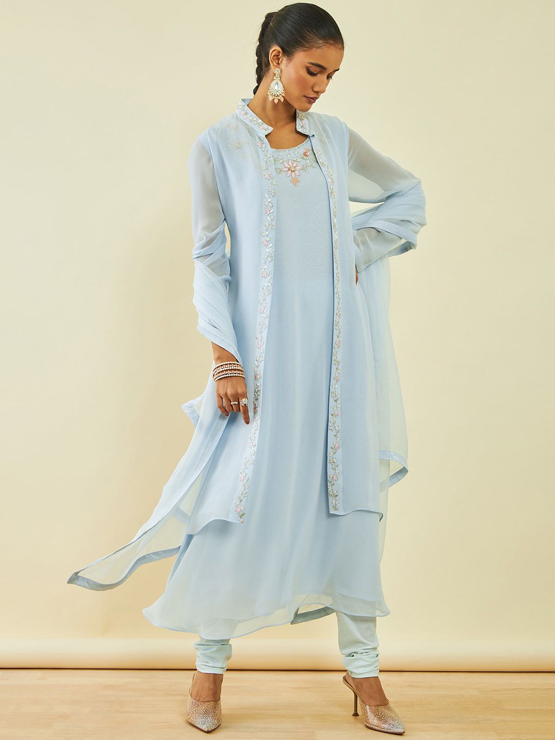 Dhiyona SO Women's Ethnic Motifs Embroidered Round Neck A-Line Kurta With Churidar & Dupatta & Jacket